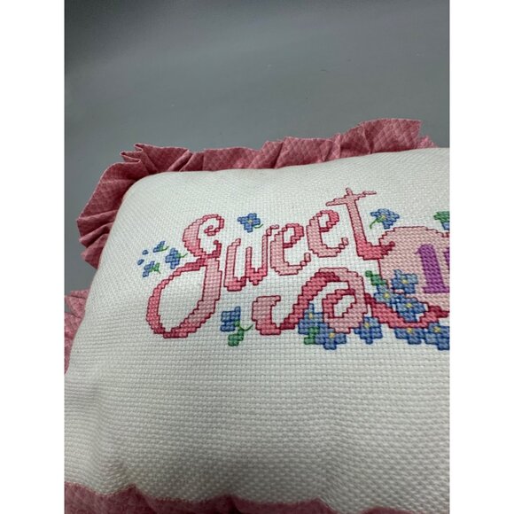 Handmade Cross-Stitched Sweet 16 Lynne Pillow With Pink Ruffled Edges & Floral D - Picture 4 of 8